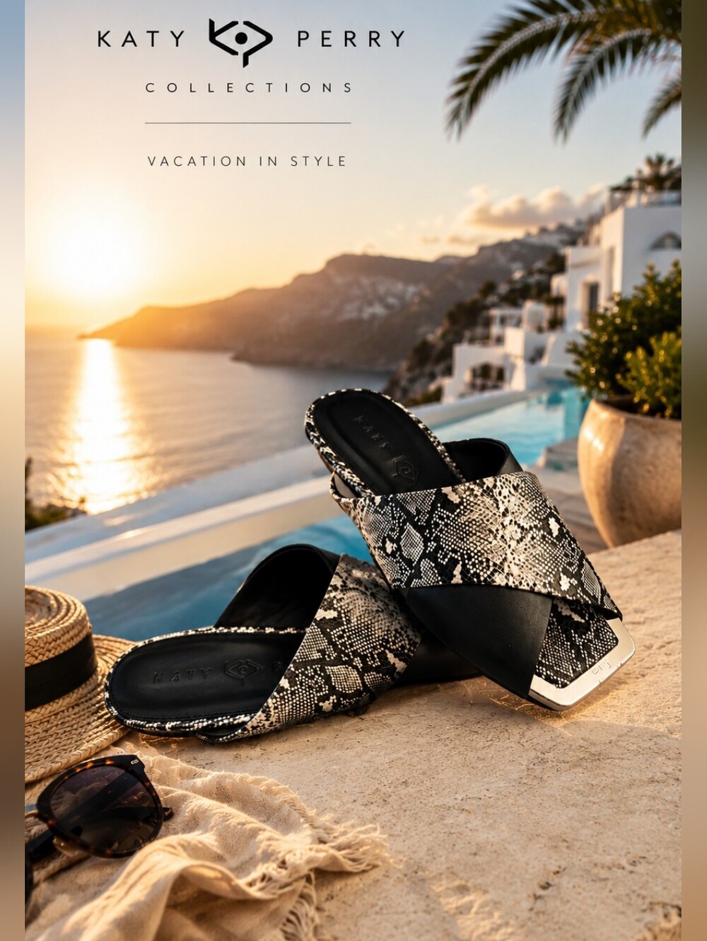 Katy Perry Black White Snakeskin Slide Sandals Square Toe NIB Size 9